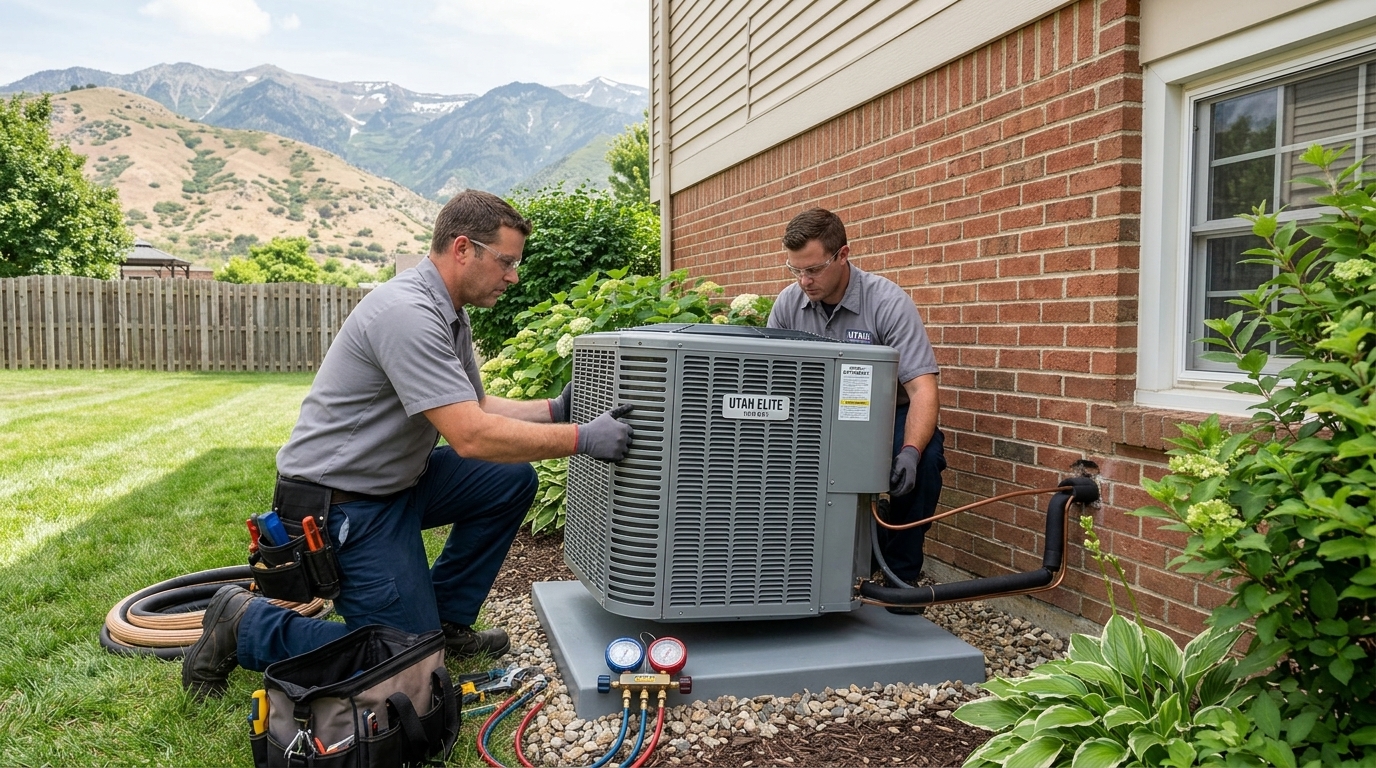 Towers Plumbing technician installing a new air conditioning condenser unit at a Lehi, Utah home