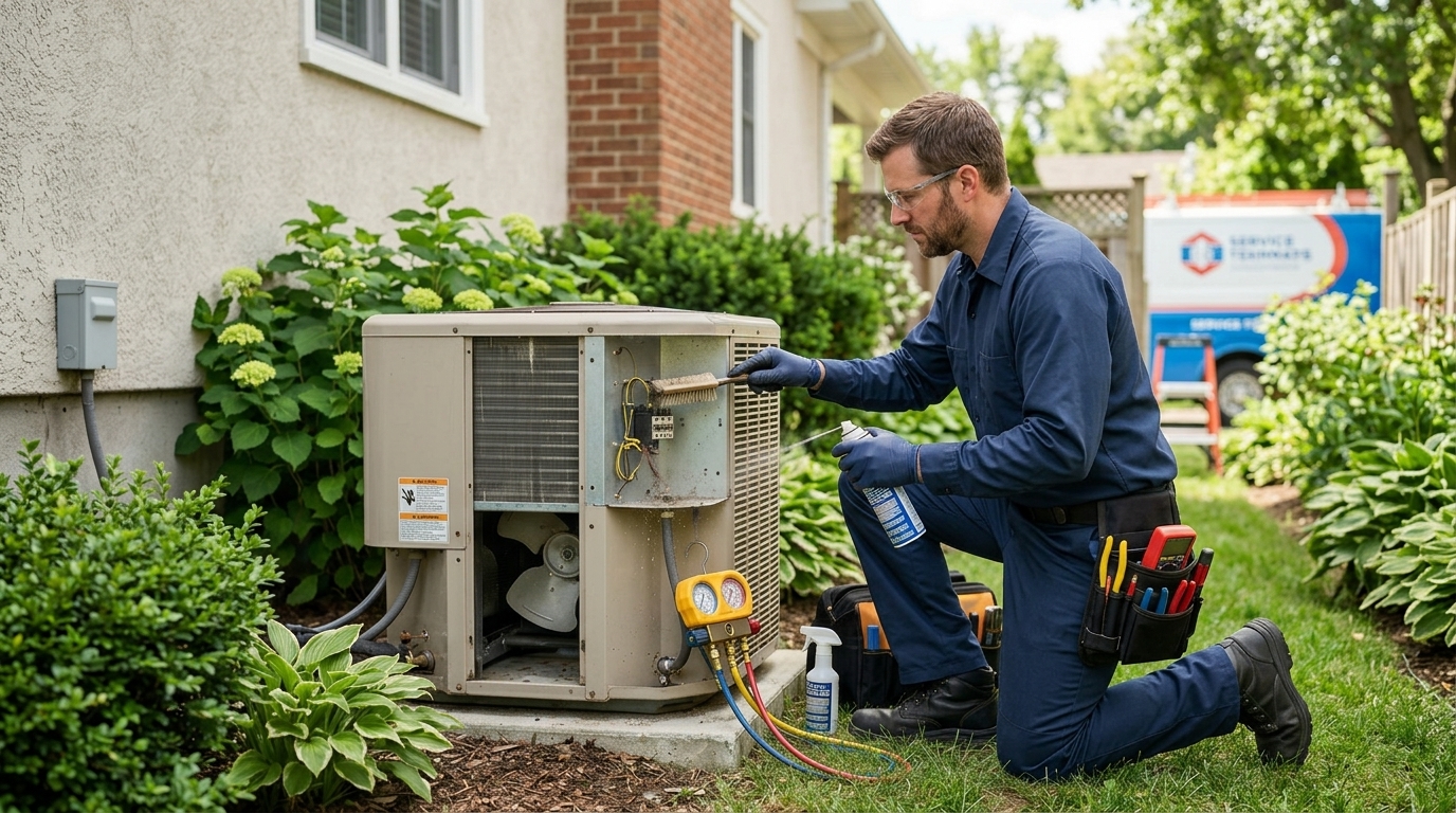 Towers Plumbing technician performing an AC maintenance check on a residential condenser unit in Murray, Utah