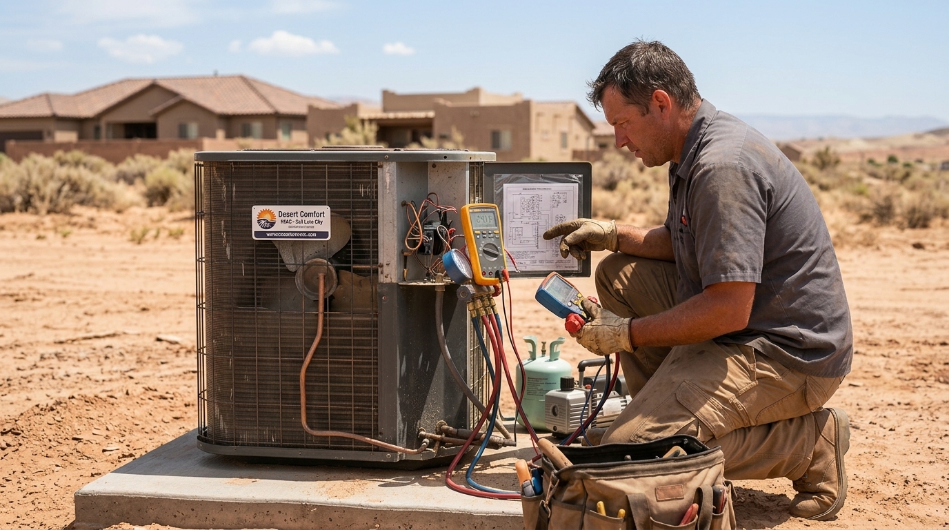 Towers Plumbing HVAC technician repairing an air conditioning unit at a Salt Lake City home