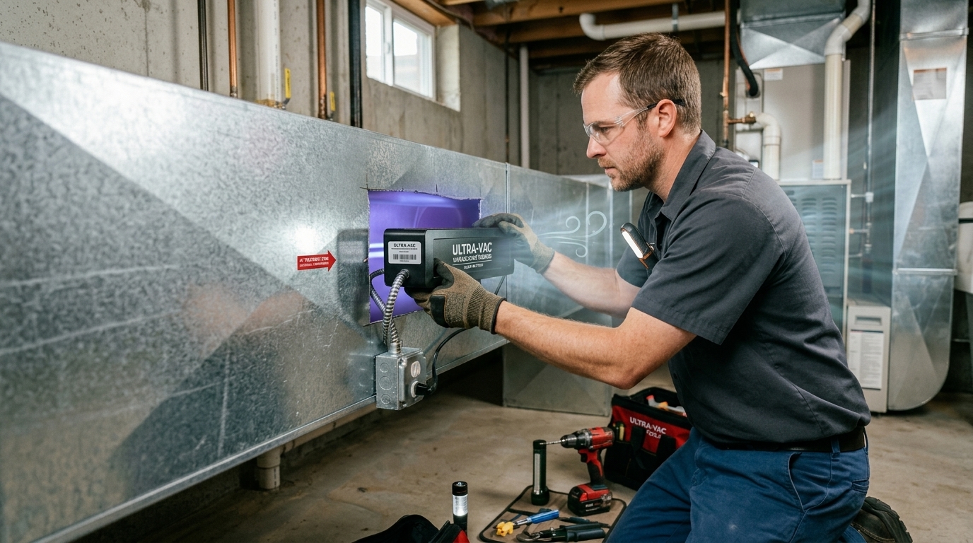 Towers Plumbing technician installing a whole-home air purifier in a Salt Lake City HVAC system