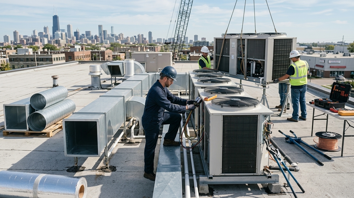Towers Plumbing commercial HVAC technician servicing a rooftop unit on a Salt Lake City commercial building