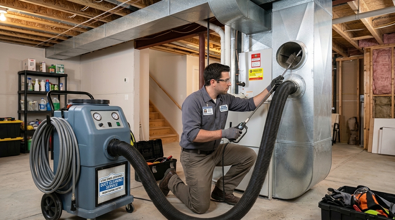 Towers Plumbing technician cleaning HVAC ductwork in a Salt Lake City home