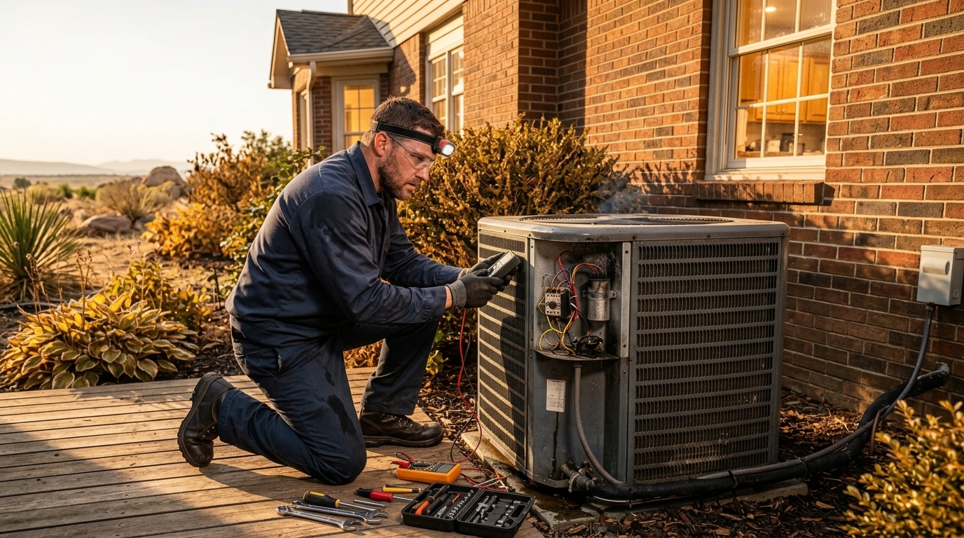 Towers Plumbing emergency HVAC technician diagnosing an AC unit at night during a Salt Lake City heat wave