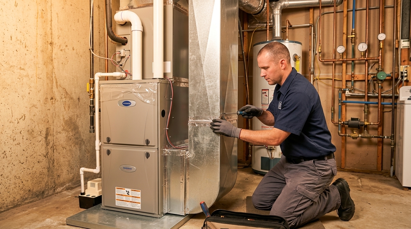 Towers Plumbing technician installing a high-efficiency gas furnace in a Salt Lake City home