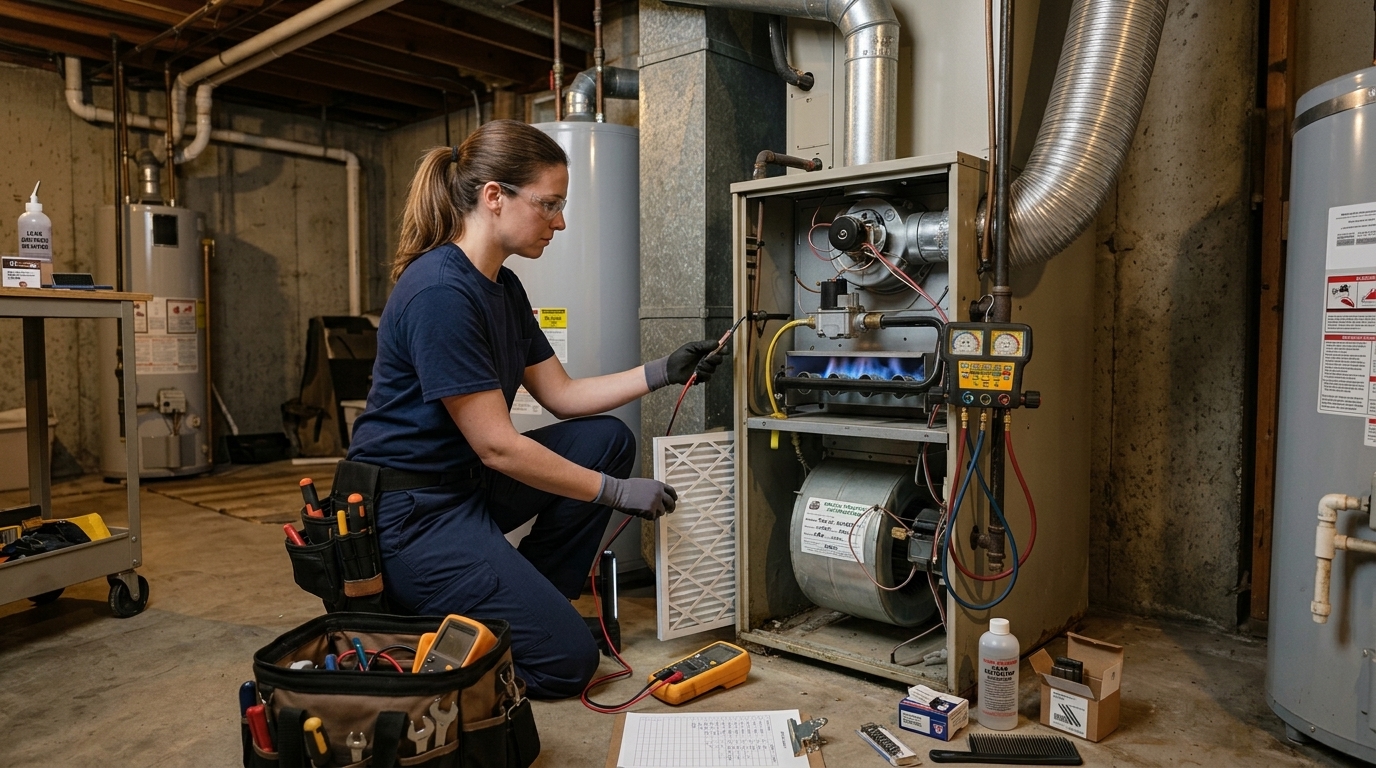 Towers Plumbing technician performing a furnace tune-up inspection in a Northern Utah home