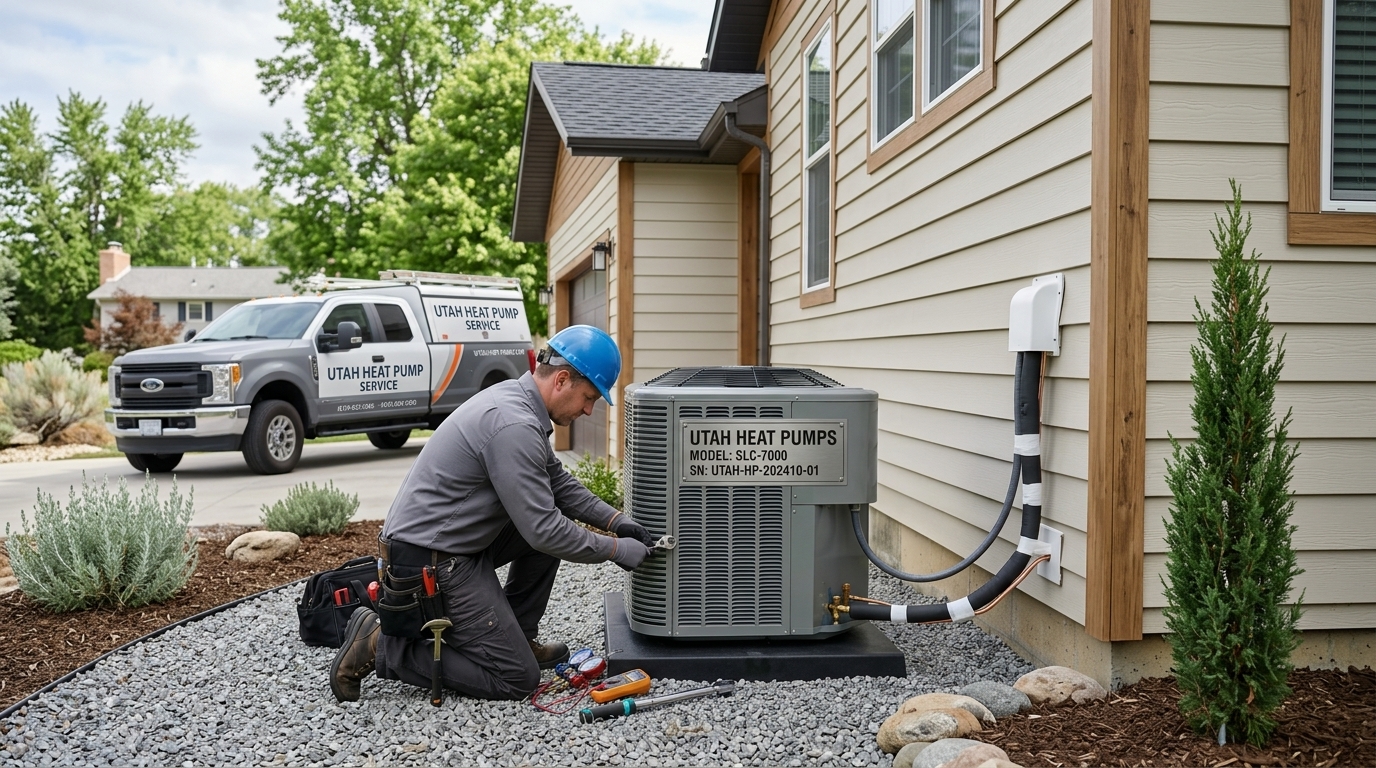 Heat pump outdoor unit installed at a Northern Utah home with the Wasatch Mountains in the background