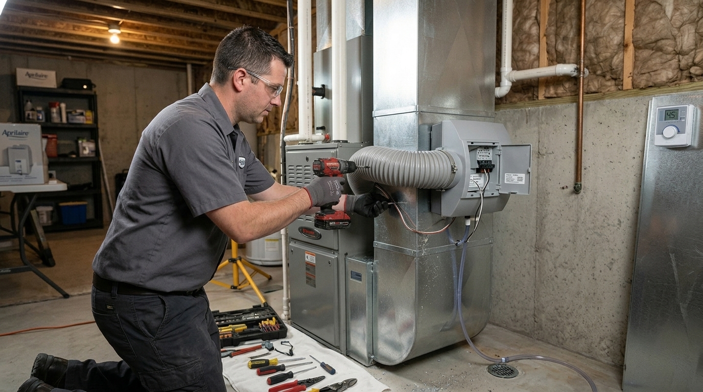 Towers Plumbing technician installing a whole-home humidifier on a furnace in a Salt Lake City home