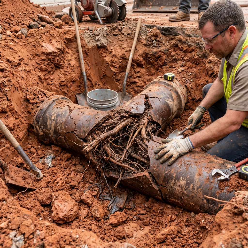 Cracked clay sewer pipe with tree root intrusion exposed during excavation repair