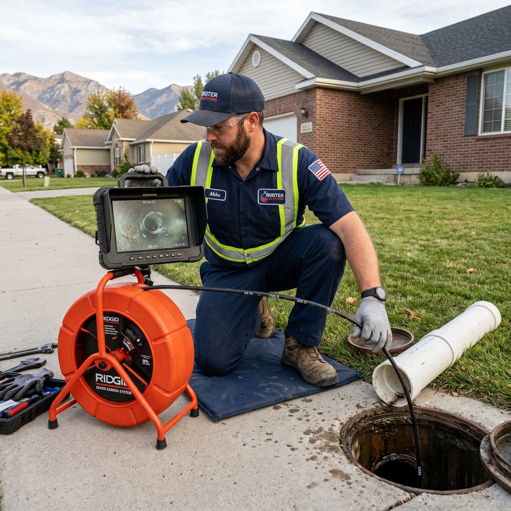 Towers Plumbing technician diagnosing a main sewer line issue at a Northern Utah home