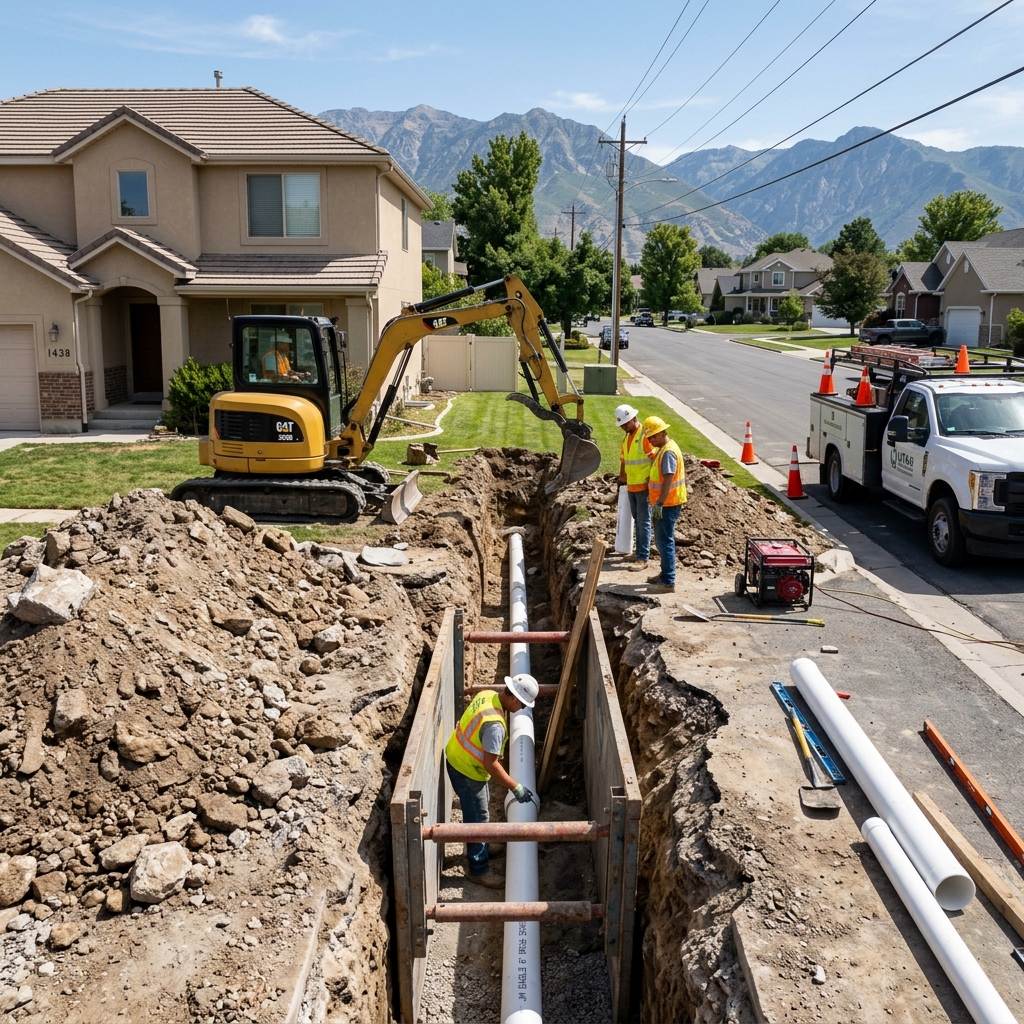Towers Plumbing crew replacing a main sewer line at a Northern Utah residential property
