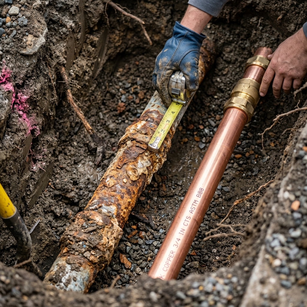 Corroded galvanized water main pipe next to a new copper replacement pipe