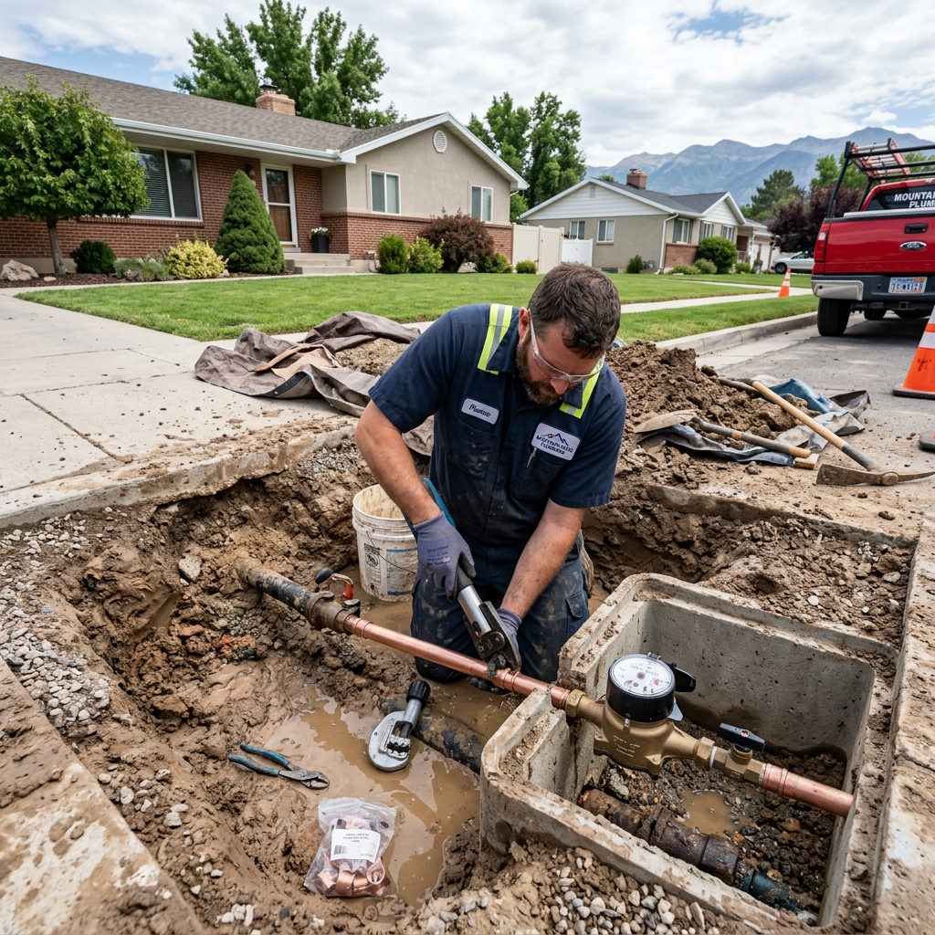 Towers Plumbing technician locating a main water line leak at a Northern Utah home
