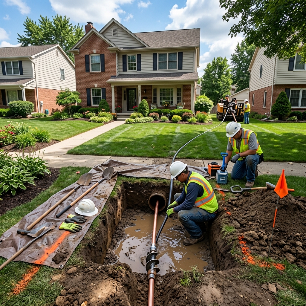 New copper water line being pulled through a bored underground path at a residential property