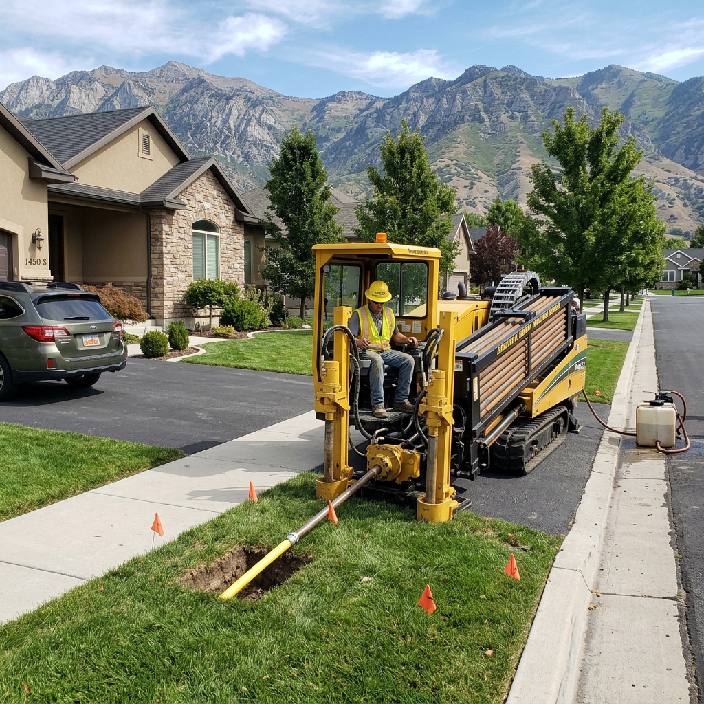 Directional boring equipment installing a new water main at a Northern Utah home with minimal yard disruption