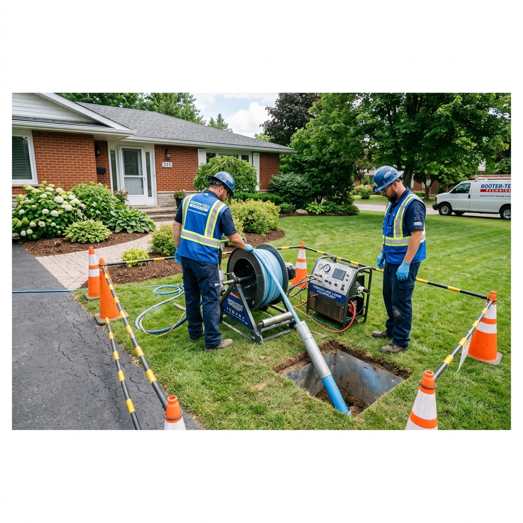 Trenchless sewer line repair equipment set up at a Northern Utah home with minimal yard disruption